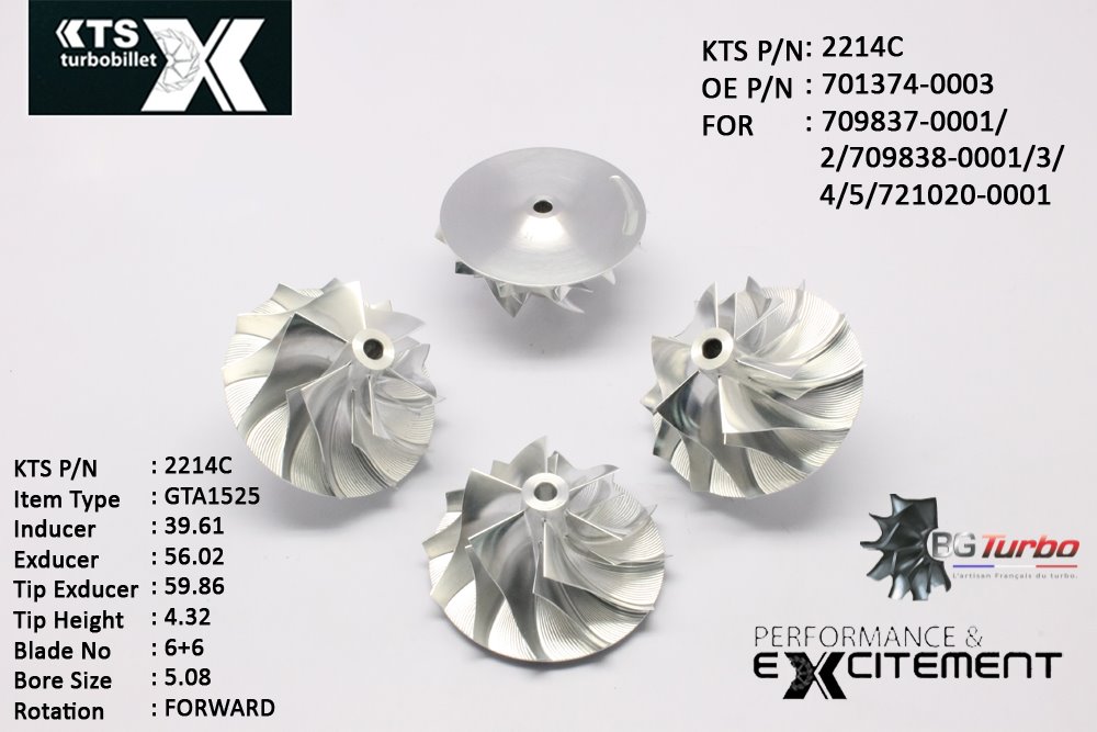 Turbo ROUE FORGÉE MFS PERFORMANCE - 6+6 PALES - INDUCER : 39,61 - EXDUCER : 56,02 - TYPE : GTA15-25ANGLE : 60° - ROTATION : Forward - SUPER BACK : 2,39 - BORE SIZE : 5,08
